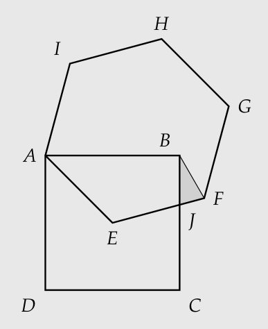 Quadrado ABCD e hexágono AEFGHI. E é o centro do quadrado, F é externo e J é a interseção de EF com BC; a região BJF está sombreada.