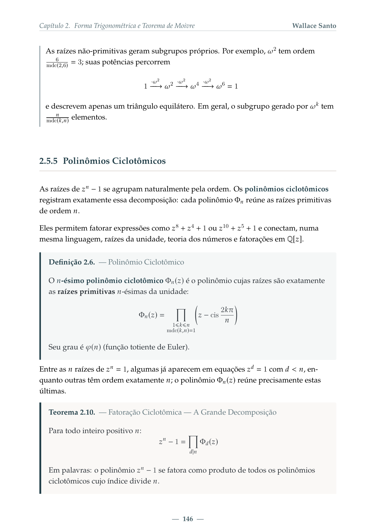 Página do livro com polinômios ciclotômicos e raízes primitivas